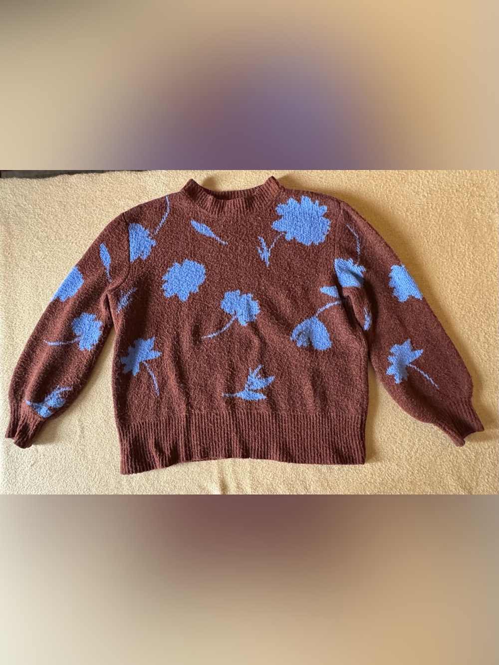 a.n.a Brown Crewneck Sweater with Blue Floral Accents